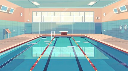 Obraz premium A vector icon depicts an empty indoor swimming pool featuring separated tracks for sportsmen starting blocks for diving and places for spectators presented in a cartoon style