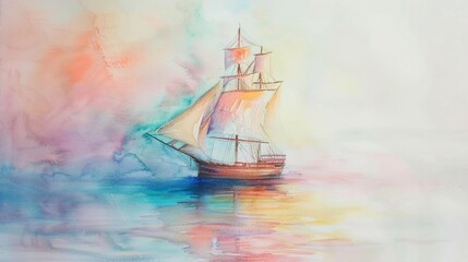 Sailing ship in sea water. Watercolor painting.