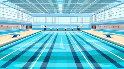 A vector icon depicts an empty indoor swimming pool featuring separated tracks for sportsmen starting blocks for diving and places for spectators presented in a cartoon style