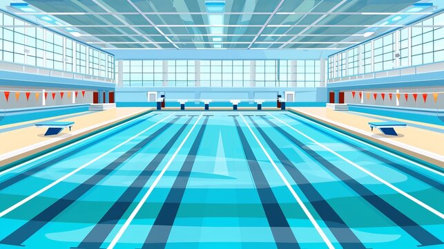 A vector icon depicts an empty indoor swimming pool featuring separated tracks for sportsmen starting blocks for diving and places for spectators presented in a cartoon style