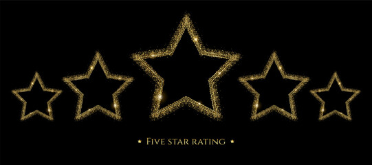 Five gold stars rating with glitter. Vector illustration frame star on black background. 5 stars quality icon service for restaurant, hotel, casino, award