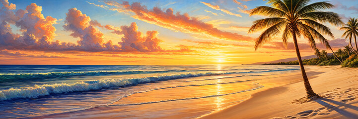 Obraz premium A serene beach scene at sunset, with the warm glow of the setting sun casting long shadows and highlighting the tranquil beauty of the landscape.