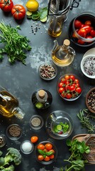Various fresh ingredients and spices arranged on a dark surface, including tomatoes, herbs, oils, and colorful vegetables in a kitchen setting.