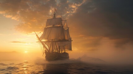Sailing ship in sea water at sunset.