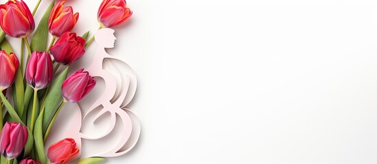 International Women s Day is represented by a charming paper figure of number 8 alongside a vibrant bouquet of tulips on a white background creating a visually pleasing copy space image