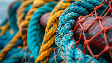 Closeup of colorful fishing nets and ropes in a seaside town harbor 