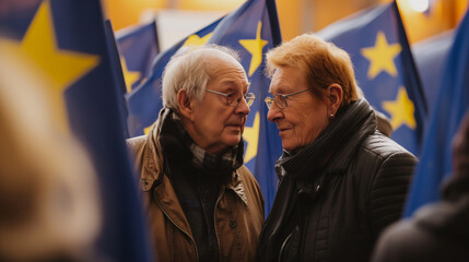 Elderly couple voting together at a European Union election station 