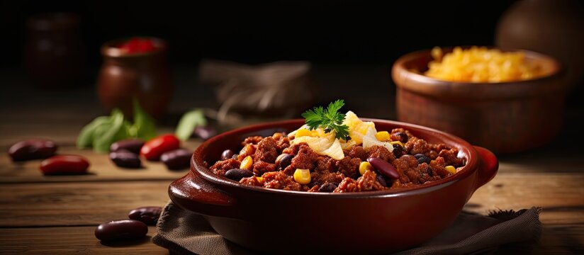 A healthy meal of chili con carne with beans corn and meat is displayed on the table against a food background with copy space image
