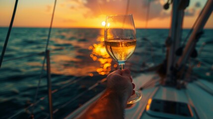 Obraz premium Hand holding wine glass on luxury yacht in sea.