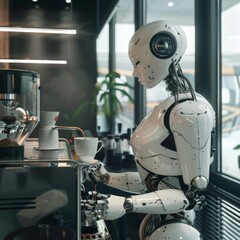 Fototapeta premium A robot making coffee at a modern office building. Ai artificial intelligence tech at work. Low wages, income loss, inflation and minimum wage. 