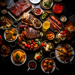 A variety of grilled meats and vegetables on a wooden table, representing a delicious barbecue feast.