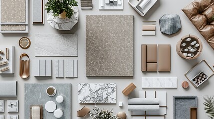 A flat lay presentation of interior design material boards is depicted offering inspiration for architecture or home office decoration in a 3D illustration