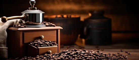 A close up image of freshly roasted coffee beans is captured in a vintage wooden box alongside a traditional manual coffee grinder Copy space image