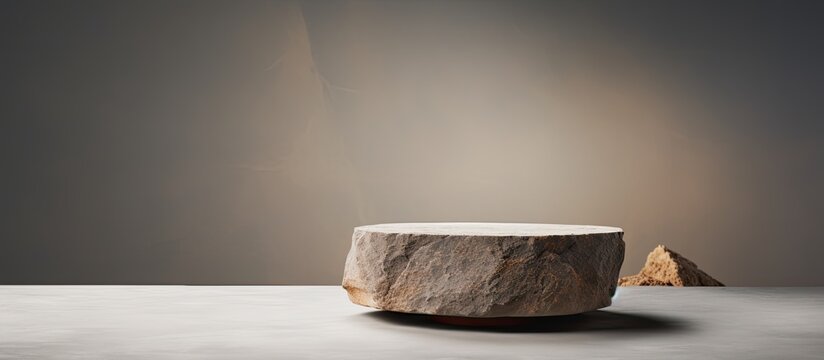 A natural rock pedestal used for promoting beauty products The stone podium is set against a gray background creating a trendy and neutral color scheme It serves as a display case showcasing beauty p