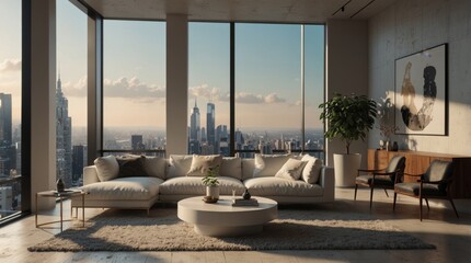 Obraz premium Stylish minimalist white appartement living room interior with sofa