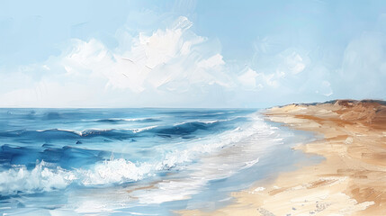 Fototapeta premium Impressionism, soft colors, blurred image of a sea beach with sand dunes and blue waves, oil texture background, brush strokes.