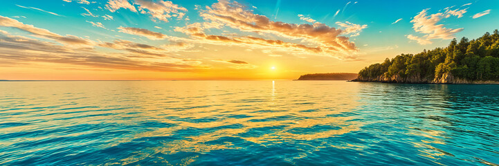 Obraz premium A beautiful sunset over the ocean, with the horizon line visible and a clear sky above.