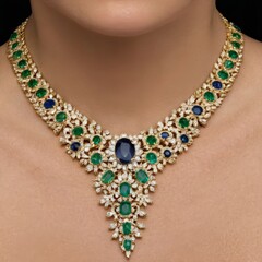 gold necklace, emerald diamonds and rubies