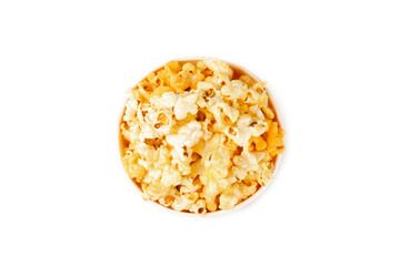 Popcorn box. Red and white striped buckets of popcorn isolated on white background. Cinema and entertainment concept. Movie night with popcorn. Cheesy popcorn. Delicious appetizer, snack. 