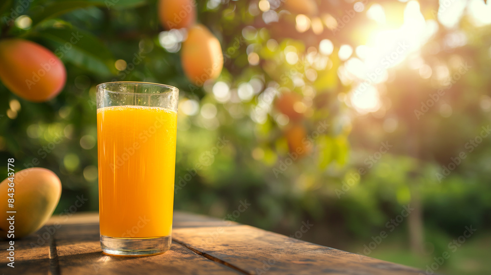 Sticker glass of fresh mango juice on a wooden table, mango grove in the background with ripe mangoes on the