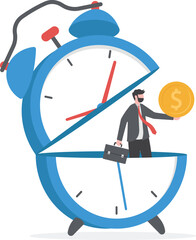 time to make money with concept of businessman opens a large clock containing a pile of gold coins, long term investment, make profit or investment gain concept vector illustration
