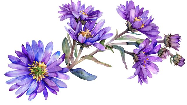 Vibrant watercolor illustration of aster purple flowers. Detailed botanical artwork showcasing delicate petals and stems. Perfect for nature design projects.