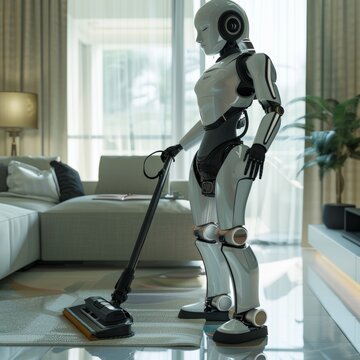 A robot vacuuming a home or office. Ai artificial intelligence tech at work. Ai artificial intelligence. Low wages, income loss, inflation and minimum wage.

