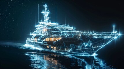 Glowing 3D model of luxury yacht.