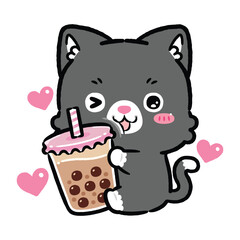 Cute Baby Bicolor Cat Hugging Boba Milk Tea. Kawaii Style Cartoon