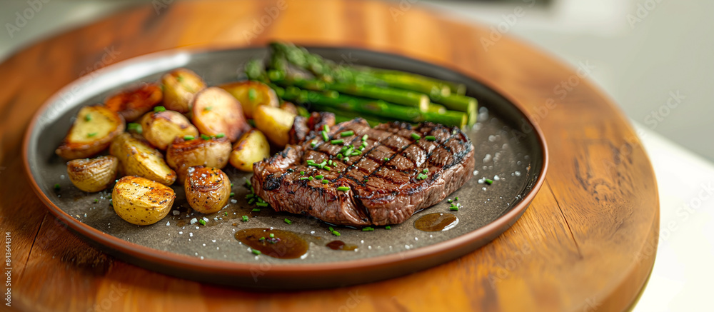 Wall mural Grilled ribeye steak on a plate, perfectly seared, accompanied by roasted potatoes and asparagus, vibrant colors, inviting and delicious  - Wall murals