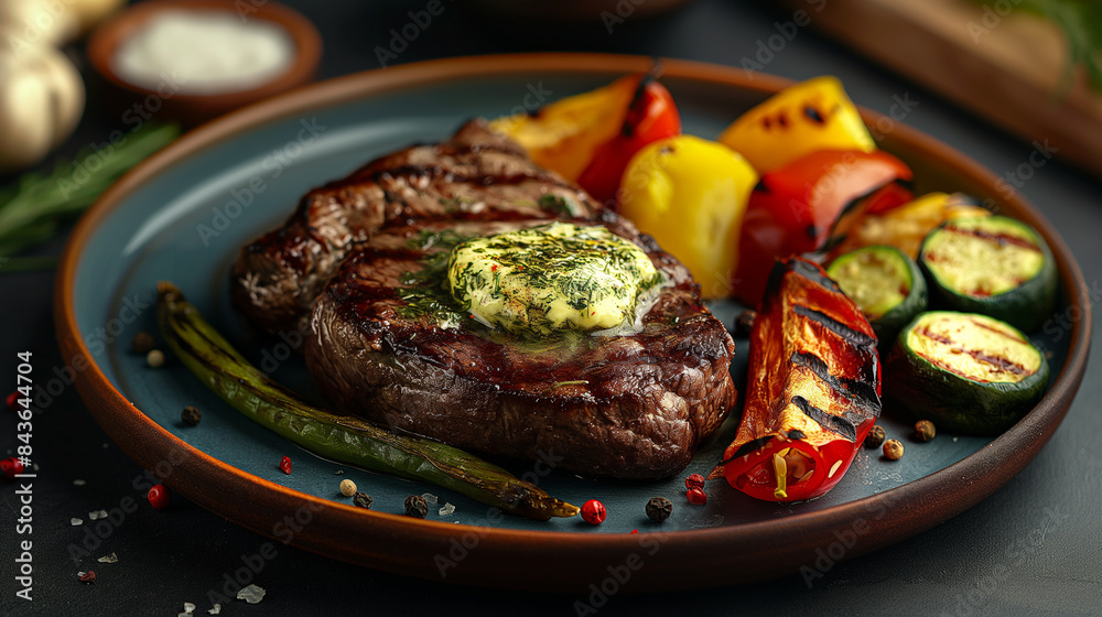 Wall mural Grilled steak on a plate, topped with melting herb butter, surrounded by grilled vegetables, vibrant and appetizing, warm and inviting lighting, empty space for text  - Wall murals