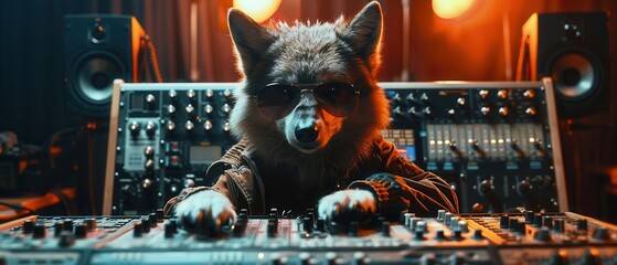 Wolf in stylish outfit and sunglasses at studio control board