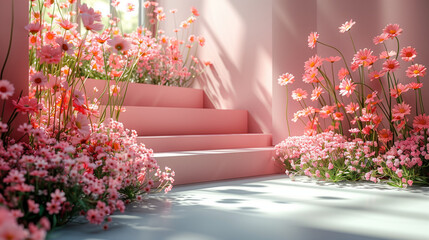 pink steps decorated with flowers lead to the window from which sunlight pours. in the interior surfaces for displaying goods. gentle, sunny, joyful, soft atmosphere