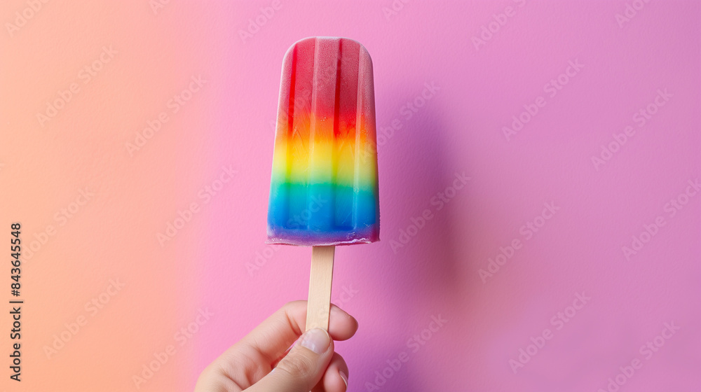 Poster Hand holding a rainbow popsicle ice cream stick, bright and cheerful colors, isolated on a gradient pastel background 