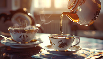 A teapot is pouring tea into a cup on a table