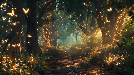 Sunshine filtering through autumn trees with lights in a misty forest landscape