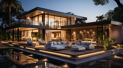 Spacious villa exterior with gray furniture, luxurious style drapes
