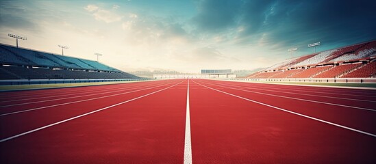 A sporty scene of a vibrant red treadmill or an athletics track at the stadium featuring ample copy space for your needs