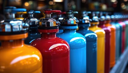 A row of colorful industrial gas cylinders with various valves, highlighting organization and safety in a factory environment.