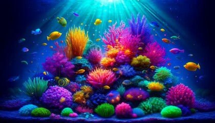 Naklejka premium A dazzling coral reef bursting with neon-colored corals and tropical fish, illuminated by radiant sunlight in a serene underwater setting.