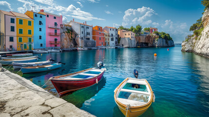 Picturesque seaside town with colorful houses and boats in the harbor 