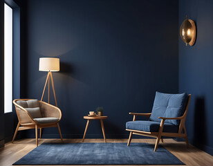 Stylish Modern wooden living room has an armchair on empty dark blue wall background.
