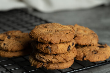 Freshly baked chocolate chip cookies.