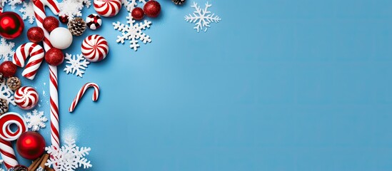 A Christmas themed border displaying white and red decorations including balls gifts candy canes and snowflakes set against a blue background The image is taken from a top down perspective with a fla