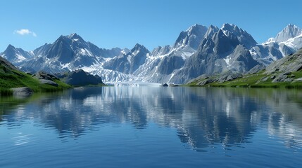 Snowy Lake surrounded by mountains under a cloudy sky