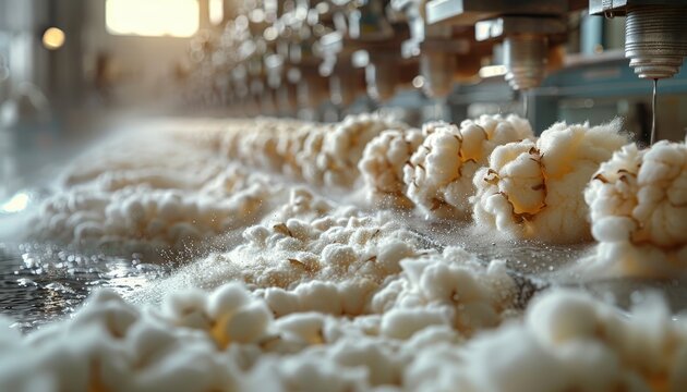 Close-up of cotton being processed in a textile factory, showcasing the machinery and precision involved in transforming raw cotton into fabric.