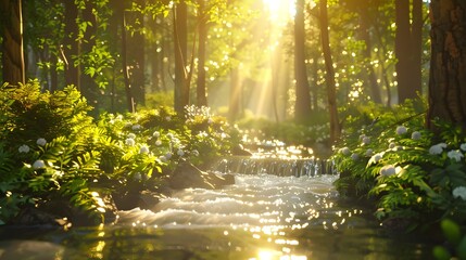 Fototapeta premium A forest scene with sunlight streaming through the trees and a waterfall in the background