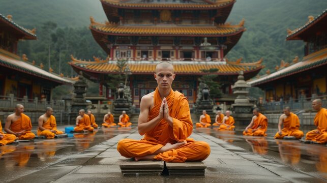 Caucasian monk learning martial arts from an old master monk in a Chinese monastery at sunset