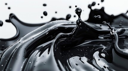 A splash of black paint is splattered across a white background. The paint appears to be thick and heavy, creating a sense of depth and texture. The splash is dynamic and energetic