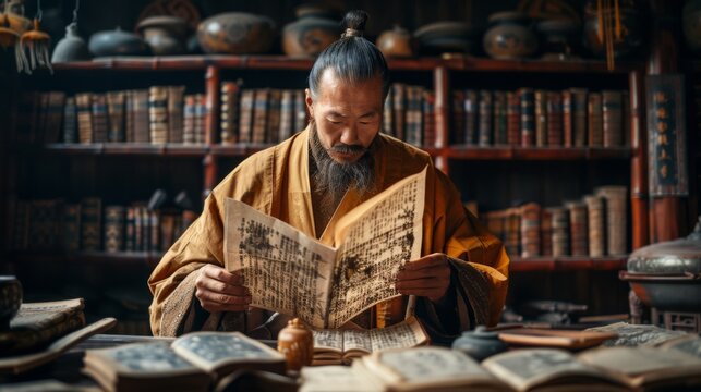 A Caucasian monk in a Chinese monastery reads ancient Chinese scrolls in the monastery library, surrounded by ancient books and artifacts